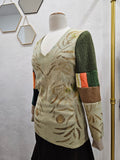 Mint Green Botanical Print Upcycled Cashmere Long Pullover- MEDIUM