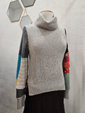 Multicolored Grey Cowl Neck Patchwork Pullover 🩶💛❤️ Medium