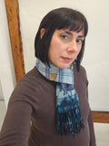 Blue Plaid Botanically Printed Wool Scarf