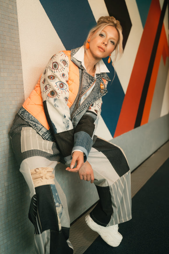 Eye Sea You Orange Denim Puffer