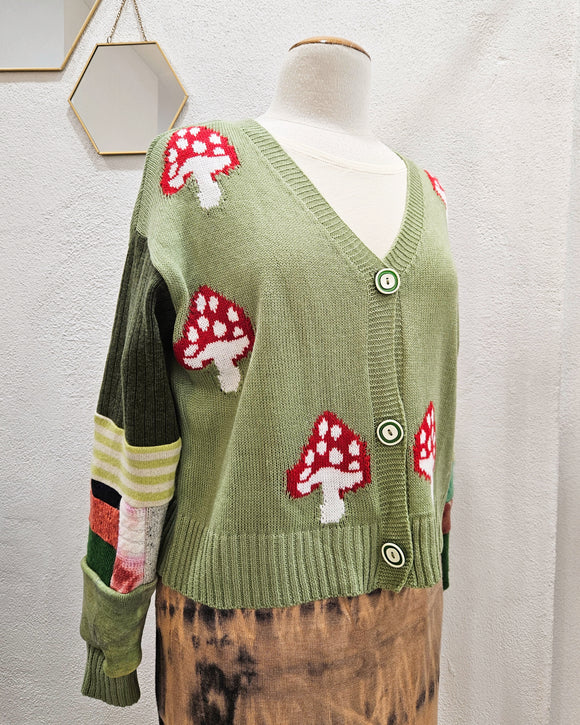 Mushroom Love 🍄💚 Upcycled Green Cardigan Medium-Large