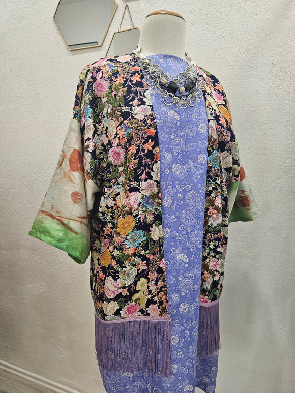 Green Lilac Floral Silk EcoPrint Upcycled Kimono