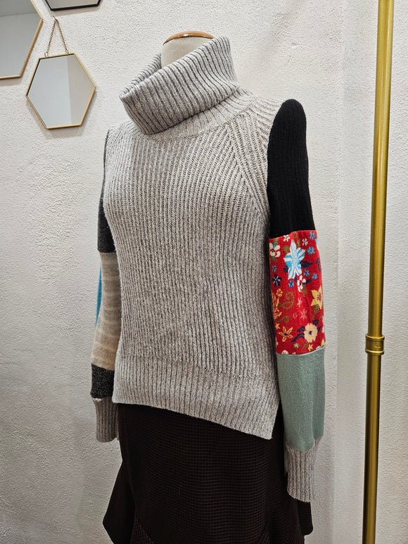 Multicolored Grey Cowl Neck Patchwork Pullover 🩶💛❤️ Medium