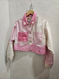 Pink Applique Upcycled Patchwork Cropped Denim Jacket🩷🌷