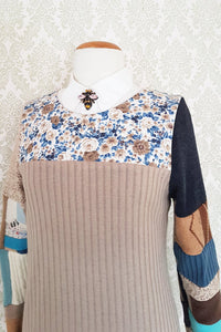 Sweater Shift Dress - Blue Floral Patchwork
