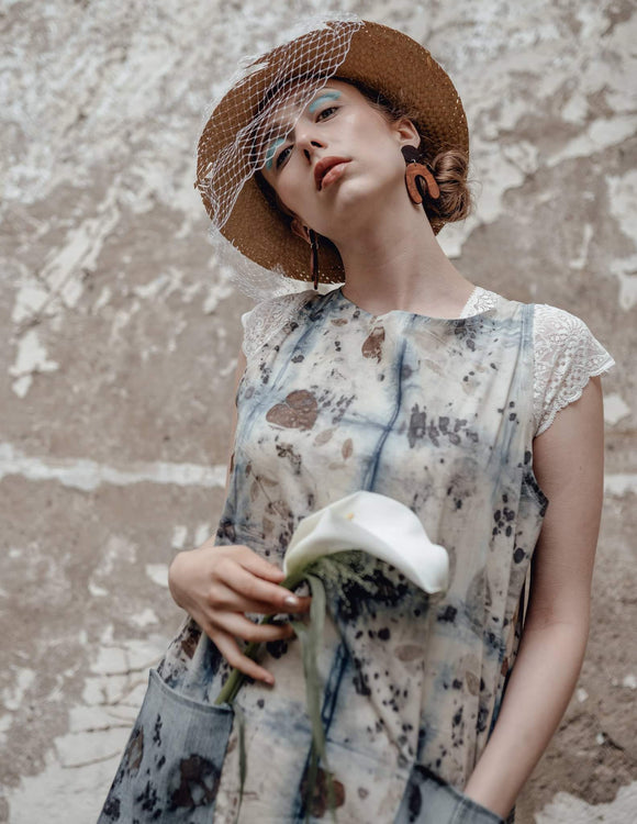 Shibori Aqua Eco Print Vintage Cotton + Denim Sheath Dress